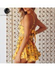 Lily Rosie dziewczyna żółty koronki V Neck Boho kobiety Playsuit Spaghetti pasek plaża lato Playsuit kwiatowy Print krótki kombi