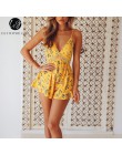 Lily Rosie dziewczyna żółty koronki V Neck Boho kobiety Playsuit Spaghetti pasek plaża lato Playsuit kwiatowy Print krótki kombi