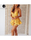 Lily Rosie dziewczyna żółty koronki V Neck Boho kobiety Playsuit Spaghetti pasek plaża lato Playsuit kwiatowy Print krótki kombi