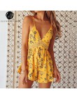 Lily Rosie dziewczyna żółty koronki V Neck Boho kobiety Playsuit Spaghetti pasek plaża lato Playsuit kwiatowy Print krótki kombi