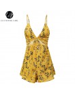 Lily Rosie dziewczyna żółty koronki V Neck Boho kobiety Playsuit Spaghetti pasek plaża lato Playsuit kwiatowy Print krótki kombi