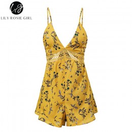 Lily Rosie dziewczyna żółty koronki V Neck Boho kobiety Playsuit Spaghetti pasek plaża lato Playsuit kwiatowy Print krótki kombi