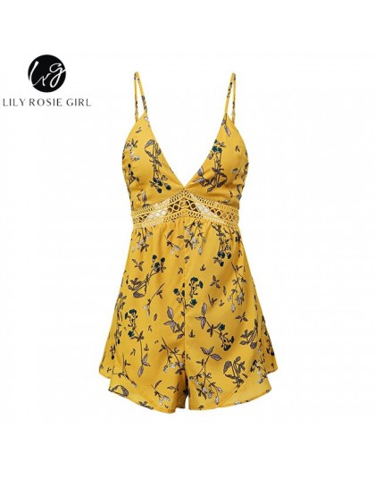 Lily Rosie dziewczyna żółty koronki V Neck Boho kobiety Playsuit Spaghetti pasek plaża lato Playsuit kwiatowy Print krótki kombi