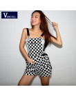 Vangull kobiety kombinezony Casual Romper kombinezon szorty lato Backless pasek kratkę kobiet szachownica czarno białe Playsuit