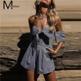 2018 lato Off shoulder plaid kombinezon romper kobiety Sexy backless bow wysokiej talii playsuit kobiet plaża krótkie kombinezon