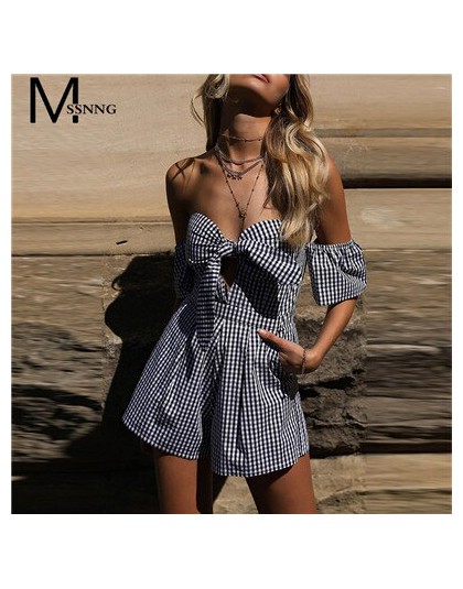 2018 lato Off shoulder plaid kombinezon romper kobiety Sexy backless bow wysokiej talii playsuit kobiet plaża krótkie kombinezon