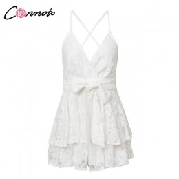 Conmoto Party białe koronkowe elegancki przebrania kobiety Playsuit plaża bez pleców Sexy Playsuit Romper łuk Ruffles krótki kom