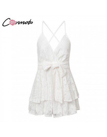 Conmoto Party białe koronkowe elegancki przebrania kobiety Playsuit plaża bez pleców Sexy Playsuit Romper łuk Ruffles krótki kom