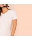 SHEIN biały minimalistyczny urząd Lady odzież robocza w postaci ciała stałego montażu O-Neck krótki rękaw Skinny body lato kobie