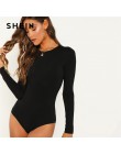 SHEIN czarne biuro pani na co dzień Scoop Neck z długim rękawem połowy talia Skinny stałe body 2018 jesień odzież robocza damska