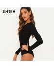 SHEIN czarne biuro pani na co dzień Scoop Neck z długim rękawem połowy talia Skinny stałe body 2018 jesień odzież robocza damska