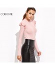 COLROVIE kobiety bluzki koreański style modne bluzki kobiety Streetwear różowy Mock szyi Frill wykończenia z długim rękawem body