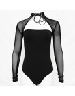 Kobiety Mesh przezroczysta Halter Sexy body kobiety z długim rękawem Lace Up damskie kombinezon czarny body