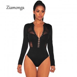 Ziamonga moda projekt przycięte Mesh Patchwork z długim rękawem czarny Bodycon Playsuit przycisk hak unikalny projekt kobiety Se