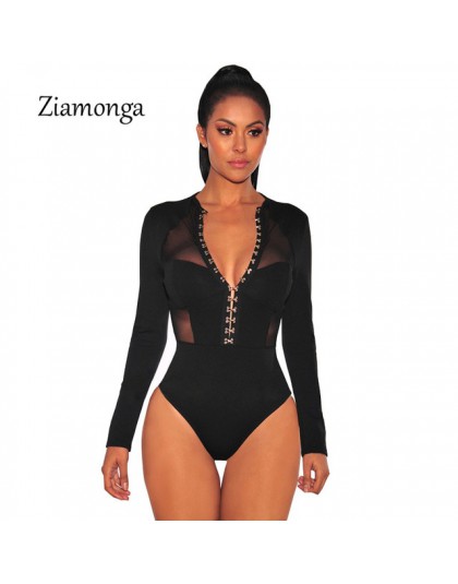 Ziamonga moda projekt przycięte Mesh Patchwork z długim rękawem czarny Bodycon Playsuit przycisk hak unikalny projekt kobiety Se