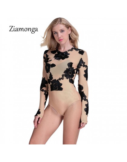 Ziamonga Sexy Summer Party kombinezon typu bodycon koronki hafty body kobiety 3D kwiat Combinaison damskie z długim rękawem Mesh