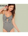 SHEIN bez rękawów Spaghetti pasek Sexy Backless letnie kobiety body w połowie talii głębokie V Plaid wyciąć węzeł Skinny Cami bo