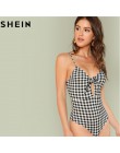 SHEIN bez rękawów Spaghetti pasek Sexy Backless letnie kobiety body w połowie talii głębokie V Plaid wyciąć węzeł Skinny Cami bo