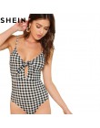 SHEIN bez rękawów Spaghetti pasek Sexy Backless letnie kobiety body w połowie talii głębokie V Plaid wyciąć węzeł Skinny Cami bo