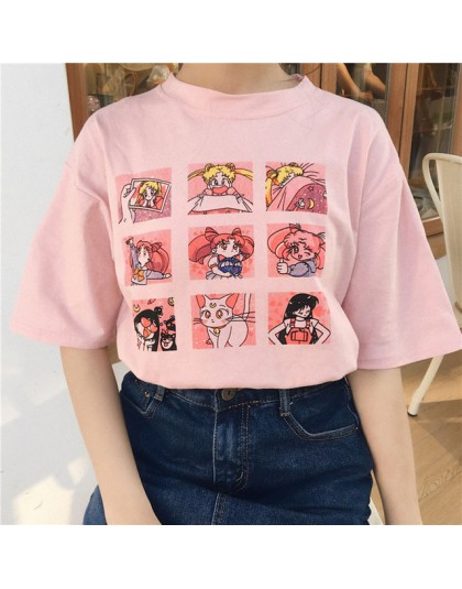 Koszula Harajuku luźna z krótkim rękawem na lato różowa biała anime