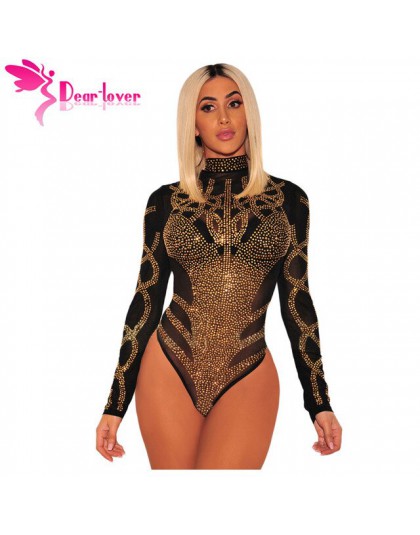 Drogi Lover Sexy pajacyki 2018 kobiety Bodycon Clubwear czarny złoty Rhinestone Faux gorset siatki długie rękawy Skinny body LC3