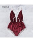 COLROVIE bordowy Criss krzyż koronki wykończenia Romper body kobiety Teddy pasek Playsuit odzież damska seksowne body z odkrytym