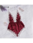 COLROVIE bordowy Criss krzyż koronki wykończenia Romper body kobiety Teddy pasek Playsuit odzież damska seksowne body z odkrytym