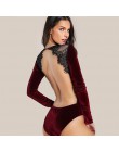 COLROVIE Backless aksamitna koronkowe body bordowy elegancka kobiety aplikacja z długim rękawem body Sexy Party w stylu Vintage 