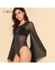 COLROVIE przesadzone Bell rękaw Glitter Mesh body lato Backless Sexy body czarny z długim rękawem Skinny body