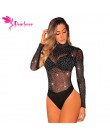 Drogi Lover kobiety pajacyki 2018 Party Sexy Body z długim rękawem czarna siatka srebrny Studded Mock Neck Body Body Feminino LC