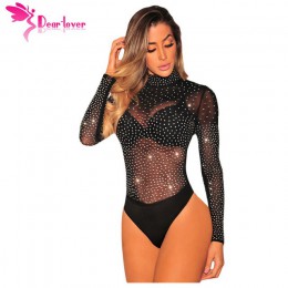 Drogi Lover kobiety pajacyki 2018 Party Sexy Body z długim rękawem czarna siatka srebrny Studded Mock Neck Body Body Feminino LC