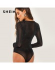 SHEIN czarny z długim rękawem Mesh Sheer body Sexy okrągły dekolt Skinny noc body kobiety jesień zwykły Skinny body