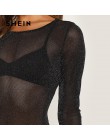 SHEIN czarny z długim rękawem Mesh Sheer body Sexy okrągły dekolt Skinny noc body kobiety jesień zwykły Skinny body