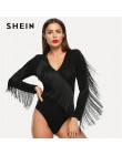 SHEIN czarna elegancka Weekend na co dzień Fringe zdobione forma dopasowanie solidna Skinny body 2018 moda lato kobiety body