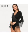 SHEIN czarna elegancka Weekend na co dzień Fringe zdobione forma dopasowanie solidna Skinny body 2018 moda lato kobiety body