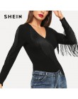 SHEIN czarna elegancka Weekend na co dzień Fringe zdobione forma dopasowanie solidna Skinny body 2018 moda lato kobiety body