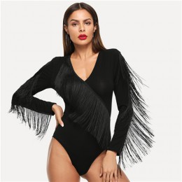 SHEIN czarna elegancka Weekend na co dzień Fringe zdobione forma dopasowanie solidna Skinny body 2018 moda lato kobiety body