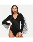 SHEIN czarna elegancka Weekend na co dzień Fringe zdobione forma dopasowanie solidna Skinny body 2018 moda lato kobiety body