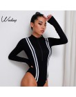 Weekeep kobiety Sexy czarne paski Bodycon body wiosna jesień z długim rękawem body z przodu na zamek błyskawiczny jednoczęściowy