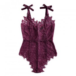 COLROVIE Sexy body fioletowy dekolt pasek bez rękawów Backless koronkowe body wstążki z kokardką na ramię kwiatowy Skinny body