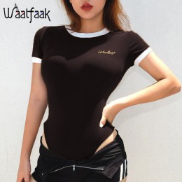 Waatfaak elegancka koszulka z krótkim rękawem kobiety Body Romper panie kombinezon hafty list Bodycon kobiet Casual Body Femme c