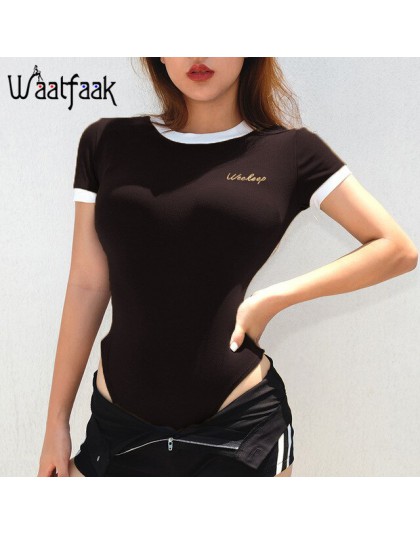 Waatfaak elegancka koszulka z krótkim rękawem kobiety Body Romper panie kombinezon hafty list Bodycon kobiet Casual Body Femme c