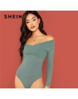 SHEIN zielony krzyż Wrap przednia, żebra, dzianina, Bardot Bodysuit elegancki Off the Shoulder Skinny body kobiety jesień zwykły