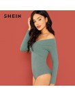 SHEIN zielony krzyż Wrap przednia, żebra, dzianina, Bardot Bodysuit elegancki Off the Shoulder Skinny body kobiety jesień zwykły