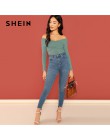 SHEIN zielony krzyż Wrap przednia, żebra, dzianina, Bardot Bodysuit elegancki Off the Shoulder Skinny body kobiety jesień zwykły