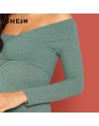 SHEIN zielony krzyż Wrap przednia, żebra, dzianina, Bardot Bodysuit elegancki Off the Shoulder Skinny body kobiety jesień zwykły