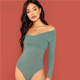 SHEIN zielony krzyż Wrap przednia, żebra, dzianina, Bardot Bodysuit elegancki Off the Shoulder Skinny body kobiety jesień zwykły