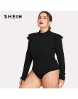 SHEIN czarny wzburzyć zdobione na ramię z długim rękawem Plus Size kobiet Slim Fit body urząd Lady jesień zima stałe body