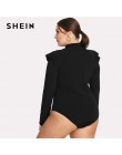 SHEIN czarny wzburzyć zdobione na ramię z długim rękawem Plus Size kobiet Slim Fit body urząd Lady jesień zima stałe body