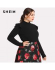 SHEIN czarny wzburzyć zdobione na ramię z długim rękawem Plus Size kobiet Slim Fit body urząd Lady jesień zima stałe body